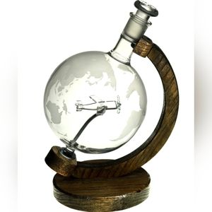 Etched Globe Whiskey Decanter with P-51 Mustang Wood Stand Aviation Vodka Liquor